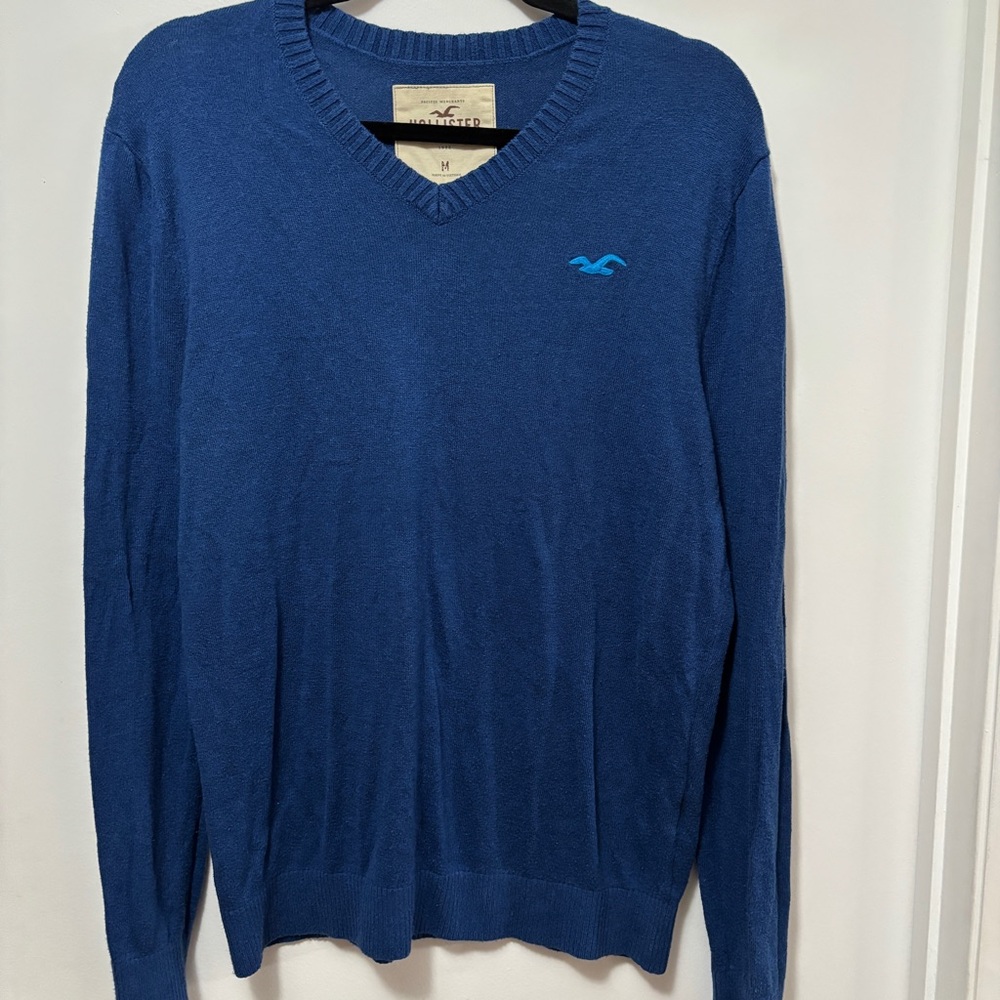 Y2K Hollister Sweater Mens Medium Blue V Neck Pullover Blue Logo Cotton Blend